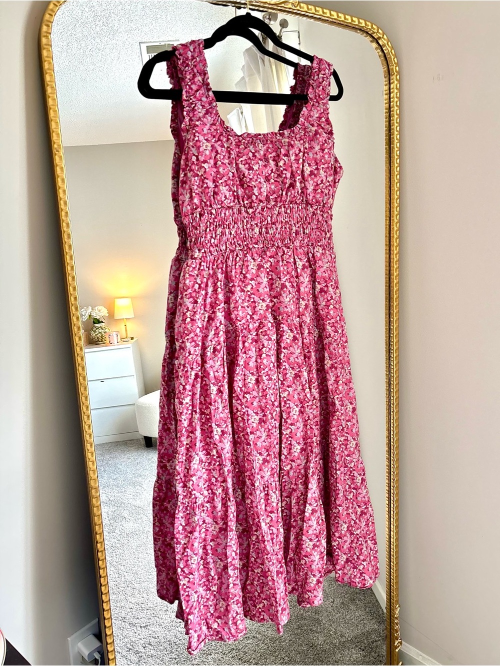 Pink Floral Smocked Midi Dress